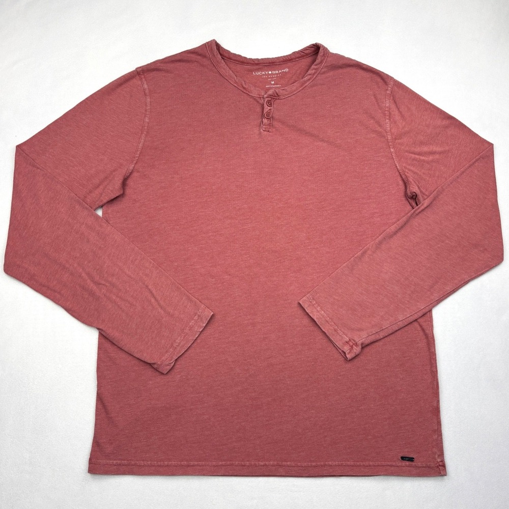 Lucky Brand Shirt Mens Medium Long Sleeve Henley Pink Faded Red Venice Burnout